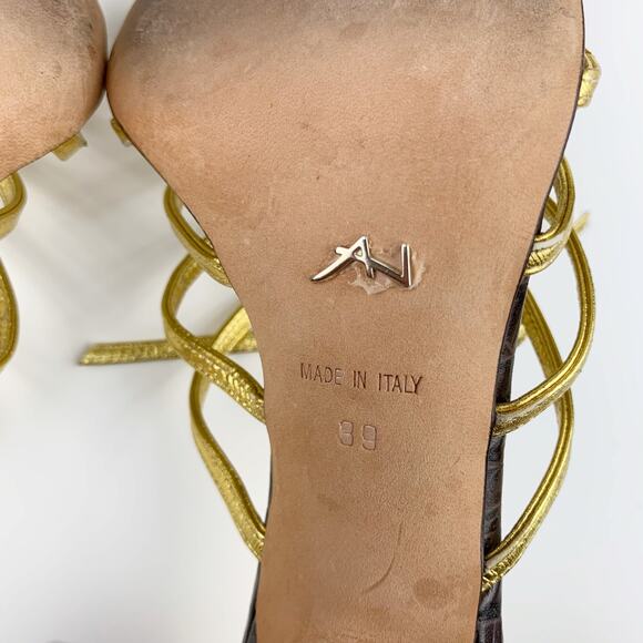 Alexandra Neel Heels Brown Gold Leather Sandals Strappy Italy Women's 39 US 9 - Picture 11 of 11